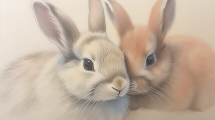 Obraz premium Colored Pencil Drawing of Two Cute Rabbits - Generative AI