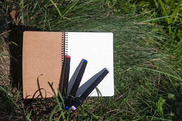 An open notebook with checkered pages and markers lie on the grass, in a green meadow. Image for...