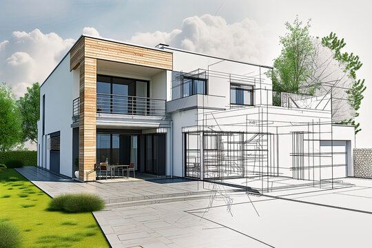 Architectural drawing for a two-story modern house with a flat roof combined with a model photo of the house