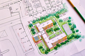 Colored architect's sketch on a blueprint for a large newly constructed residential block with a green area