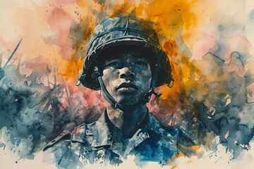 Indonesian soldier portrait Illustration close up. Modern soldier of Indonesia watercolor colors Illustration