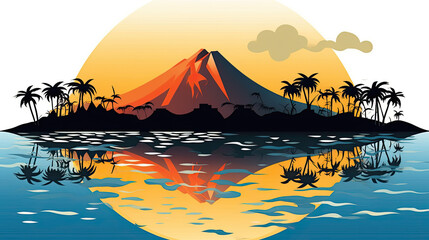 Calm Lake Reflecting Vivid Sunset on Tropical Island - Generative AI