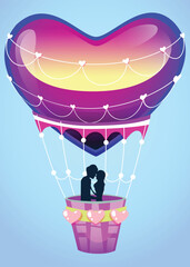 Soaring Hearts: A Valentine's Day Vector of Love in the Sky, Experience the magic of love with our vibrant Valentine's Day vector. A couple shares a tender moment in a heart-shaped hot air balloon.
