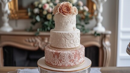 Obraz na płótnie Canvas Three-tiered wedding cake princess style White and rose gold decorated with roses. 