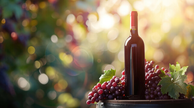 Bottle of wine on barrel with grapes on blurred background and free place for text