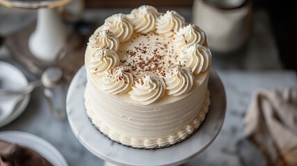 white whipped cream cake on a cake stand, top view, decorated with cocoa powder.