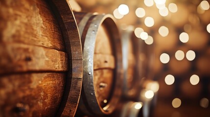 Close up of wooden barrel of wine on blurred background - obrazy, fototapety, plakaty