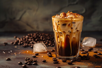 A glass of iced coffee with cream swirling and coffee beans. 