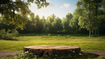 Tree Table wood Podium in farm display for food, perfume, and other products on nature background, Table in a farm with grass, trees, and Sunlight in the morning
