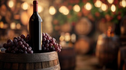Bottle of wine on barrel with grapes on blurred background and free place for text - obrazy, fototapety, plakaty