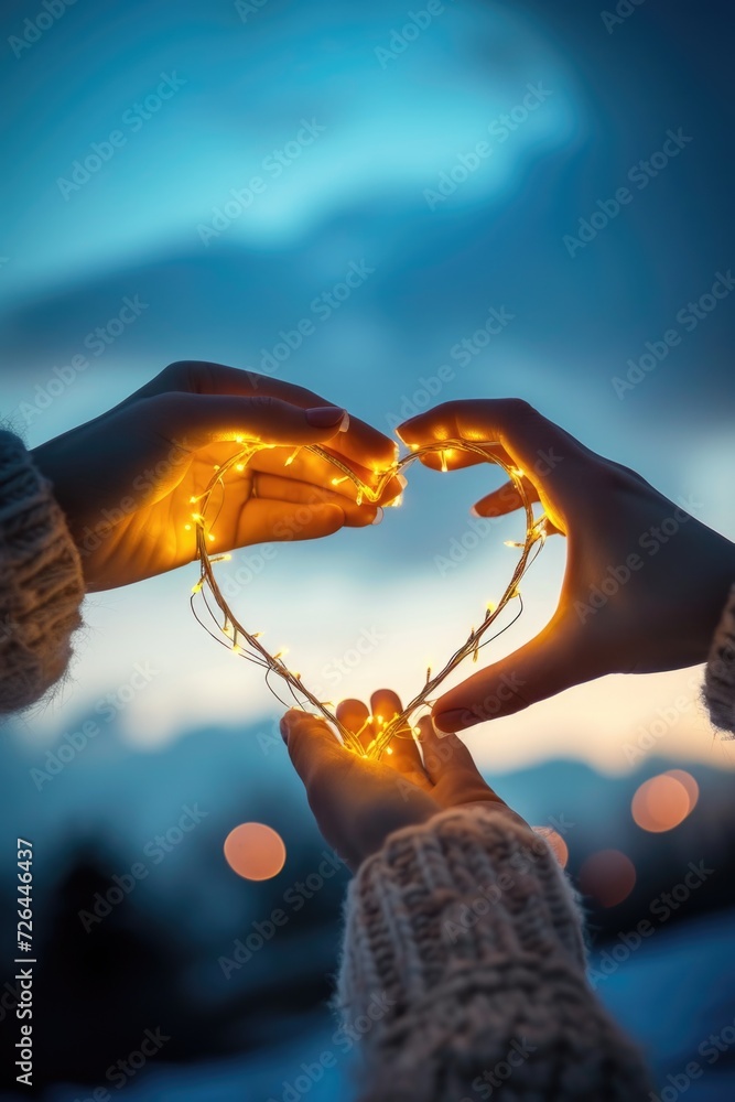 Poster Two hands delicately hold a string of lights shaped like a heart. Perfect for adding a romantic touch to any occasion or decorating a cozy space