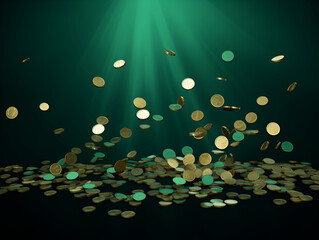 Falling golden coins . Stacks of coins on a  green background. Quick income, savings, casinos. 