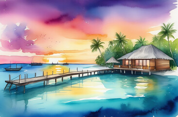 Seaside vacation, resort,sunset, sea, sand, watercolor, overwater bungalow