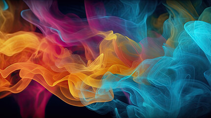 Obraz premium Wispy Colorful Smoke Flowing on Black Background - Generative AI