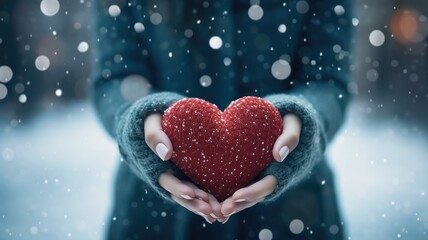 Fototapeta premium Close-up of a woman in holding a heart in her hands. A small red heart in the hands of a girl. Valentine's Day Card