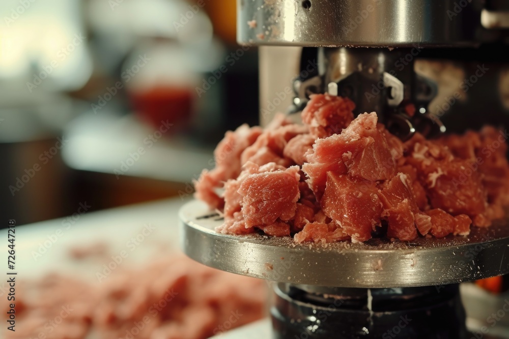 Poster Close up of a meat processing machine in action. Perfect for illustrating the industrial food production process.