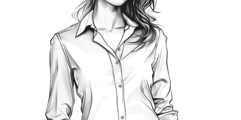 A drawing of a woman wearing a shirt. Can be used for fashion illustrations or as a reference for clothing designs