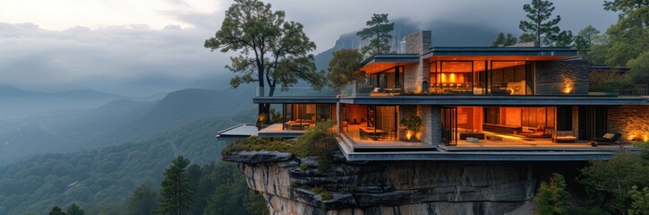 Mountain retreat with cantilevered homes over a cliff