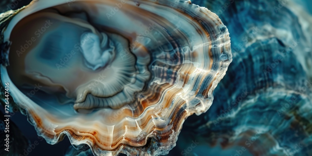 Poster A close-up photograph of a shell placed on a table. This image can be used to add a natural touch to various designs