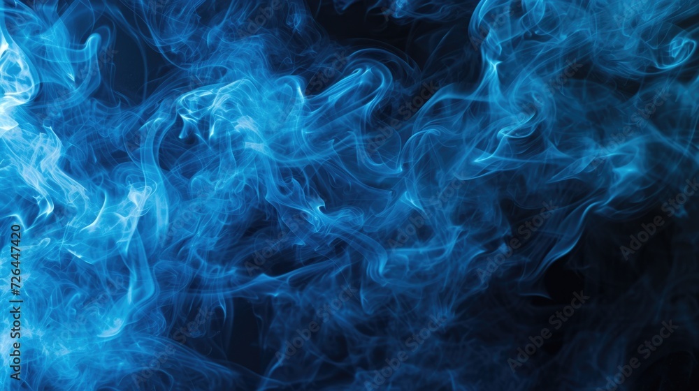 Poster Blue smoke captured in a close-up shot against a black background. Ideal for adding a mysterious and atmospheric touch to various projects