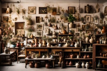 Fototapeta premium A vintage floral shop with an array of aged vases, dried flowers, and botanical prints on the walls, creating a nostalgic and charming atmosphere.