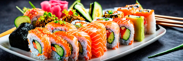 different sushi and rolls on a plate. Selective focus.
