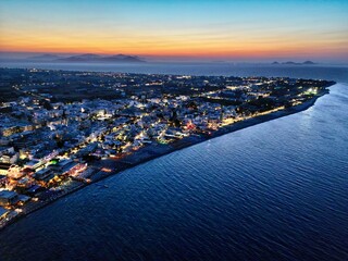 Kos, Greece. 07.10.2023 Lambi Beach and Kos Town at Sunset. Aerial Image. 10th July 2023