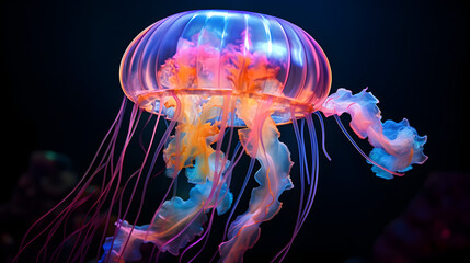 Jellyfish swimming in the water Underwater world of the sea,,

Medusa Jellyfish with glowing illumination light under the deep sea