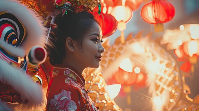 Beautiful asian women in cheongsam traditional chinesse costume, posing beside head of lion dance. Portrait of traditional chinesse lunar new year.