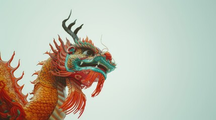 Magnificent dragon sculpture of symbolic guardian for the Chinese New Year, wisdom and prosperity within the tranquil precincts of an ancient temple.