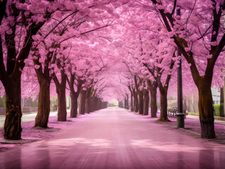 Beautiful pink blossom trees in roadside