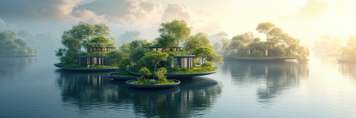 Fototapeta na wymiar Nomadic floating islands with ecosystems for endangered species 