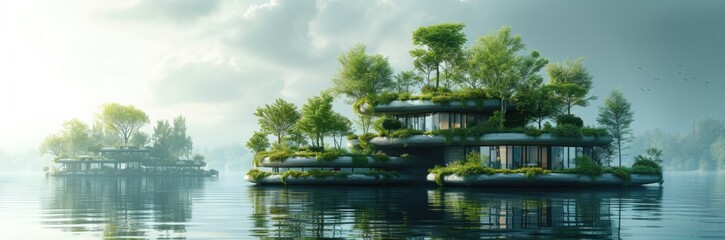 Fototapeta na wymiar Nomadic floating islands with ecosystems for endangered species 