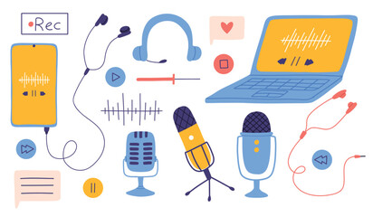 Hand drawn set of podcast elements. Collection of headphones and microphones. Vector illustration of technology for a podcast. - Powered by Adobe