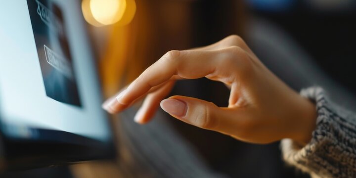 A person's hand is seen touching a computer screen. This image can be used to depict technology, interaction, or digital communication