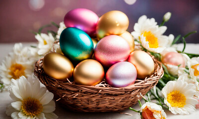 Fototapeta na wymiar Basket with Easter eggs. Selective focus.