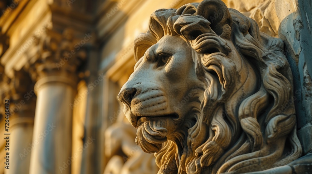 Poster a statue of a lion displayed on the side of a building. suitable for architectural, urban, or animal