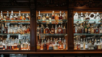 Wide variety of bottles of alcohol or liqueur are placed on the shelves of a vintage bar