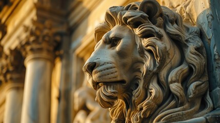 A statue of a lion displayed on the side of a building. Suitable for architectural, urban, or animal-themed projects