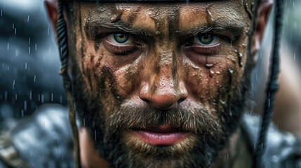 Close-Up of Angry Gaze of Male Warrior Wet in Storm - Generative AI