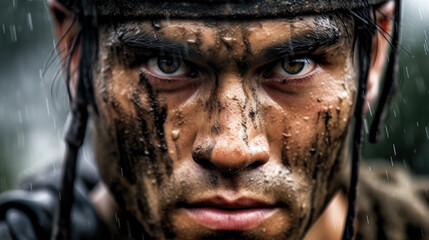 Close-Up of Angry Gaze of Male Warrior Wet in Storm - Generative AI