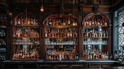 Wide variety of bottles of alcohol or liqueur are placed on the shelves of a vintage bar