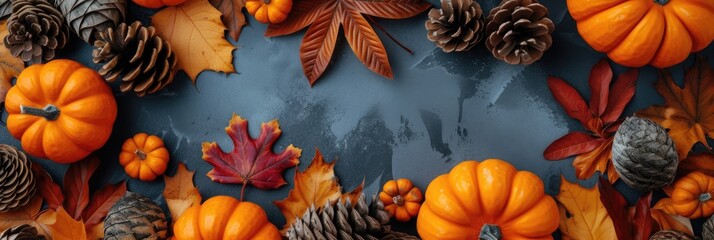 A festive Thanksgiving themed flat lay featuring autumn leaves, pinecones, and decorative pumpkins - obrazy, fototapety, plakaty