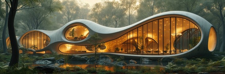 Phantasmagorical opera house with organic architecture in a forest clearing 