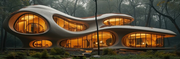 Phantasmagorical opera house with organic architecture in a forest clearing