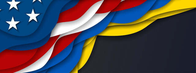 Ukraine UA and USA united States American  flags papercut style background, web, banner, wallpaper for text. Cooperation, partnership  patriotic template presentations, conferences