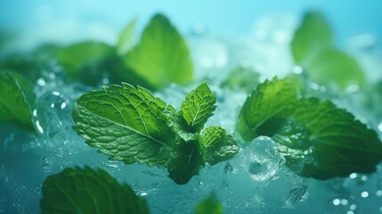Ice cubes and fresh mint leaves on a blue background. herbs and ingredients for making a cocktail