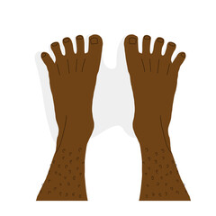 Cartoon illustration of pair of bare feet with normal healthy posture of toes. Male dark skin feet top view.