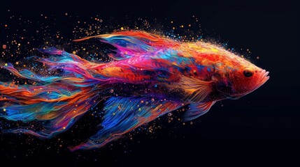 rainbow colored fighting fish on dark background. Generative AI - obrazy, fototapety, plakaty