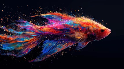 Foto op Plexiglas rainbow colored fighting fish on dark background. Generative AI © Miss V